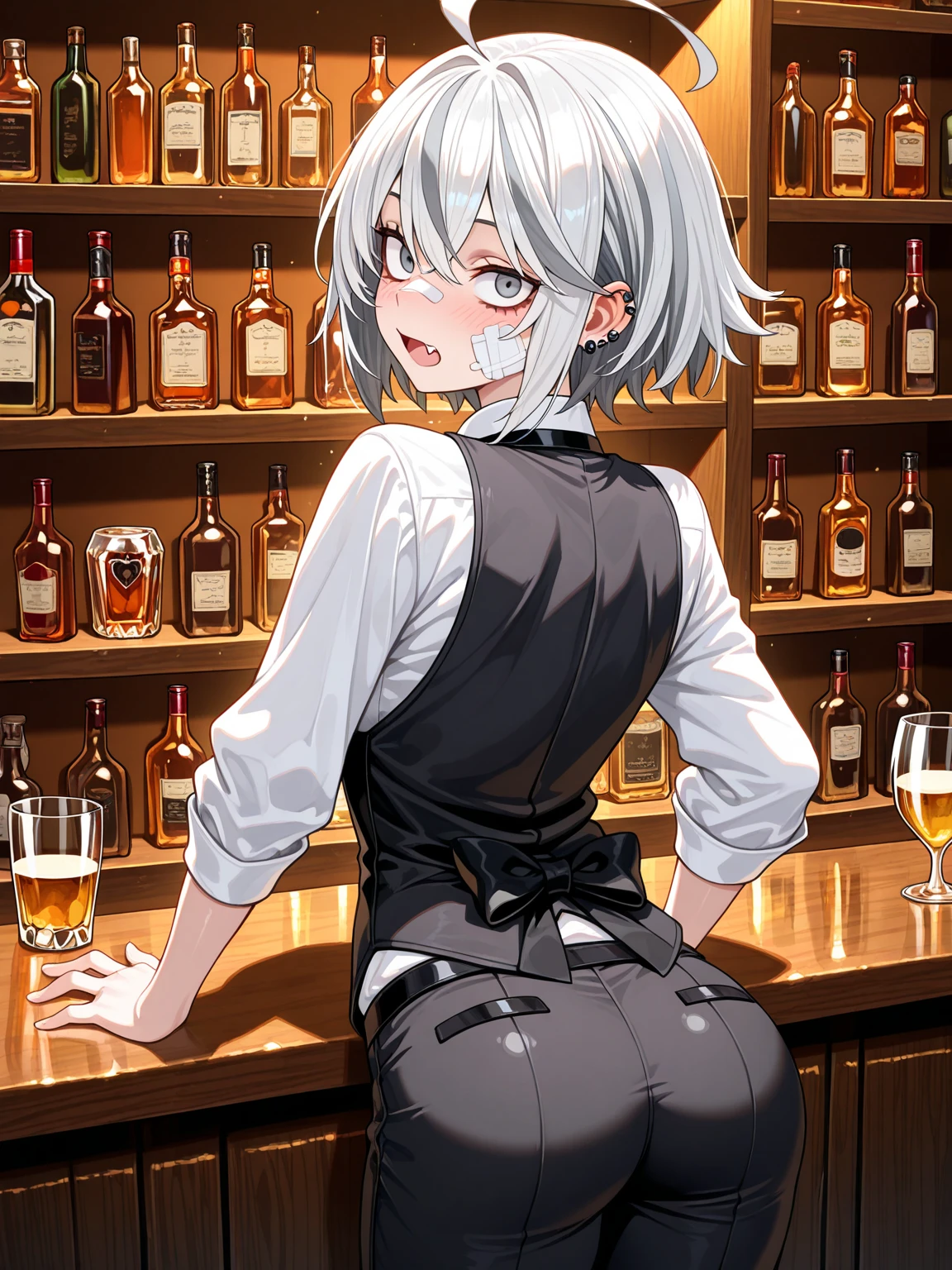 Young girl with grey hair, ((fringed and curly hair)),((curly short twintail)), curly hair ,(red eyes),, ((small bushy eyebrows)), wearing gothic ta clothing, loli, walking to school, bored look, bored face,, suddenly having sex in public, ((doggy style sex)), ((public sex in a restaurant)) naked ass in the male crotch, perfect anatomy, young boy fucking her