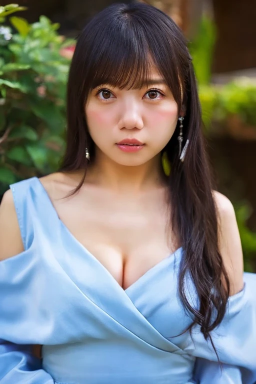(masterpiece:1.2, highest quality), Realistic, (Live Action, Intricate details, Maxi dress), Lips parted, Very detailed, Perfect Face, Perfect body, Large Model,Forest Background、、expensive、Long legs、Long Curly Hair、Big Breasts、