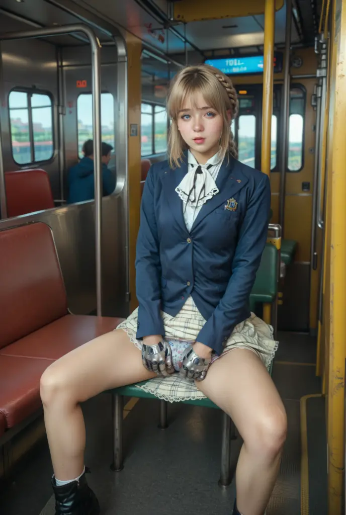 Feet on the floor、on the train、Sit on a chair、Train seats、Train seatsで太ももを開いて座る、sit with your legs apart on the train、Gal, (Anatomically correct,),masterpiece, highest quality, Raw photo, Photorealistic, face, unbelievably ridiculous, Beautiful girls, cute, Blunt bangs, Depth of written boundary, High resolution, 超detailedな, detailed, ighly detailedd, extremely detailedd eye and face, Sharp pupils, Realistic students, Sharp focus, Cinema Lighting, pale and tanned skin,alone,woman,(Wavy Hair,Blonde),(panties), (Short-sleeved sailor suit:1.2),Loose socks, Spread your legs,Wide Hips, ((Sensual;1.5)), Glamour, big breasts,Sunburn marks on tanned skin