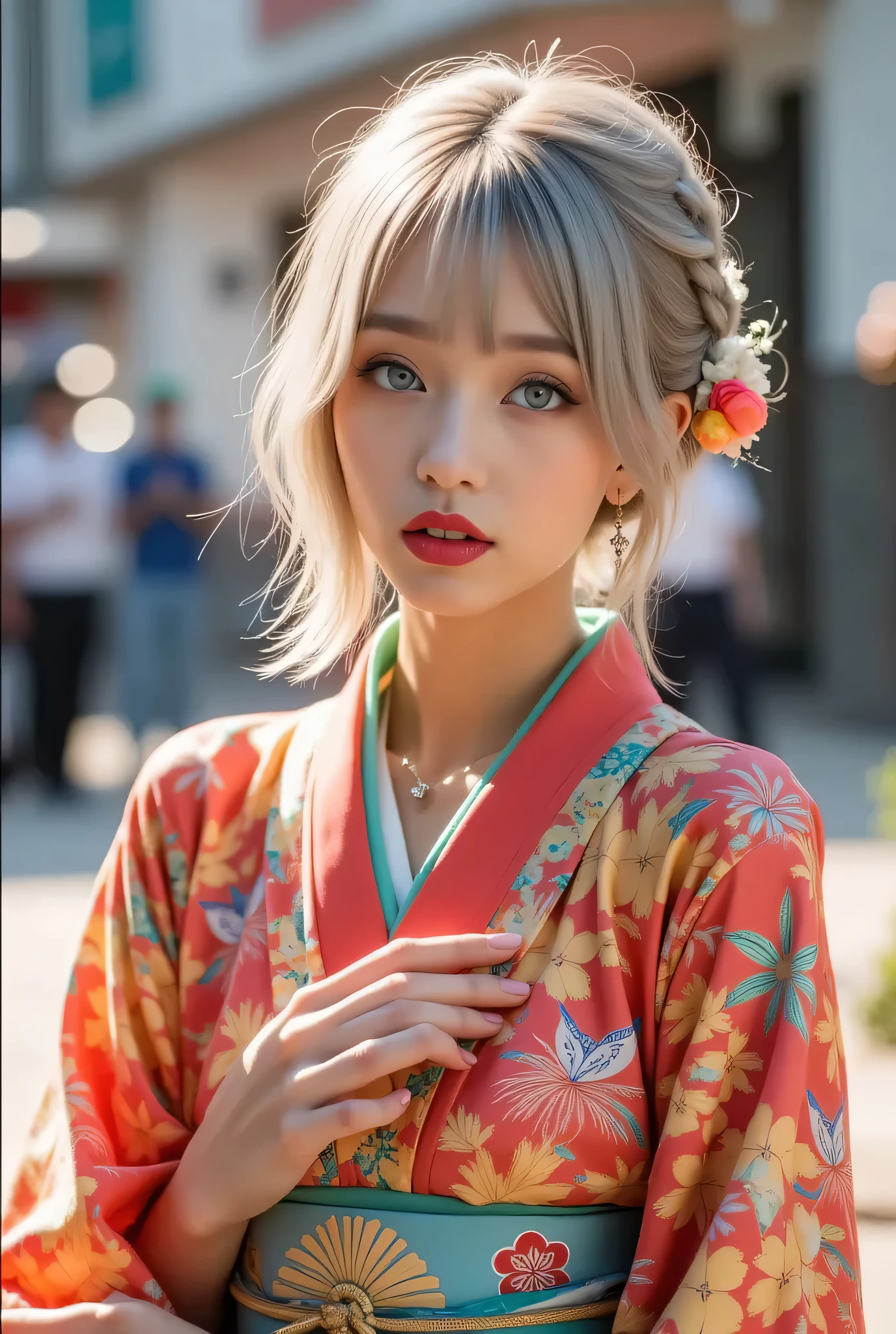 Bon dance festival,young lady, silver hair, blue eyes, detailed beautiful face, slim body, beautiful young girl,highly realistic photo, cute pose,full body,dancing on the yagura stage,yukata