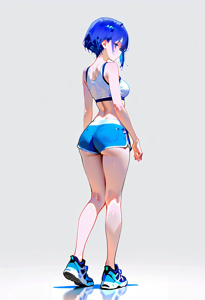Short blue hair girl with blue eyes in her panties, chubby buttocks, realistic, ultra realism, detailed skin, volumetric light, cinematic lighting, cinematic, natural light only
Back side view