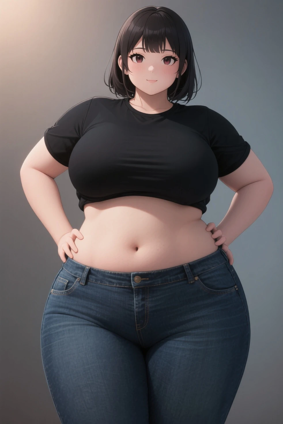 plus size, wide hips, woman on gray background, red flannel, jeans, holding a smartphone, dark brown hair, hair up in a bun, illustrated, hyperrealism, dynamic lighting, ray tracing, WeightImmobile, <lora:obeseGirlsConcept_v10:1>