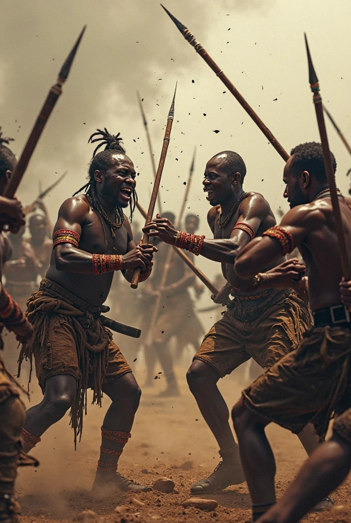 Black people fighting with sticks war between indigenous tribe and an African man