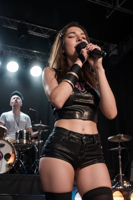 a poster of a sexy woman singing into a microphone with another sexy woman behind her, dreamy stone girl, stone, rock and dust, heavy metal concert