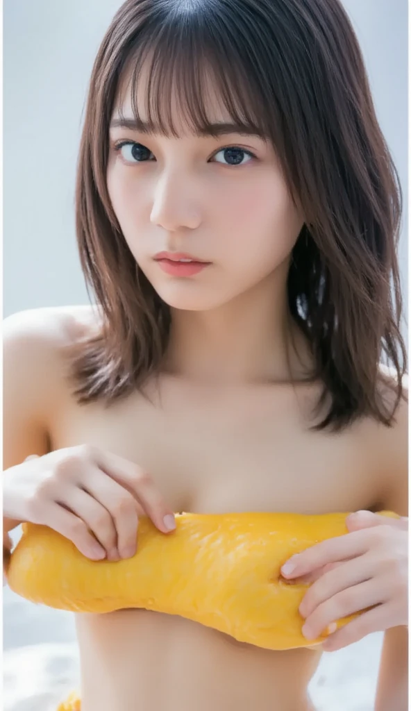 The cutest gravure idol pose in the world、Perfect proportions、Large Breasts, valley, cute、((18-year-old female:1.2))、Young and adorable Japanese face,Official Art,Highly detailed CG Unity 8k wallpaper,(masterpiece:1.0),(highest quality:1.0), 超A high resolution,4k,Very detailed, photo shoot, 8K, nffsw, High resolution, Kodak Portrait 400, Film Grain, Lens Flare Glow,高いest quality,8K,nffsw:1.2),Portrait Shot,8K、Hold a banana。get wet。