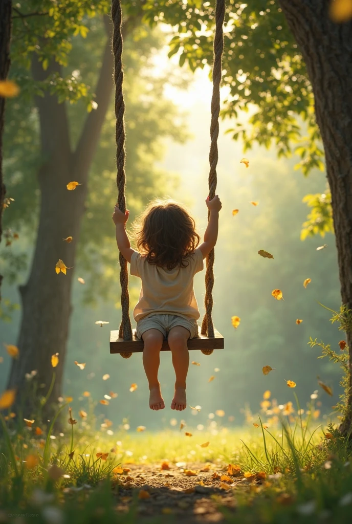 I want a forest with a child on a swing 
