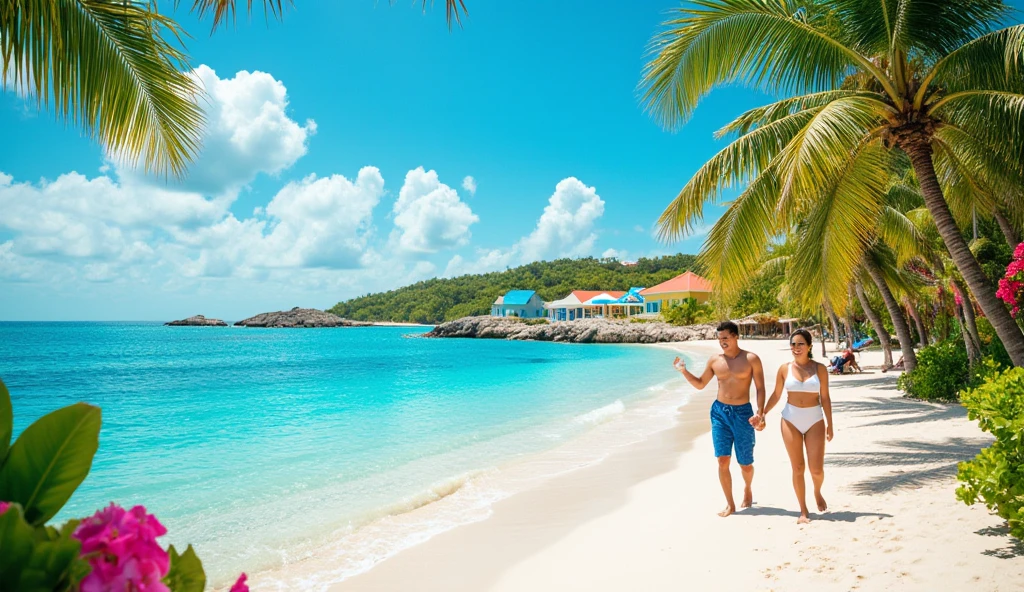 View of an isolated Caribbean island paradise, Plant using palm trees, sand clearing, A fat couple, Disarray, Sitting on a log by the water, fishing. Happy color palette.A clear, blue day.