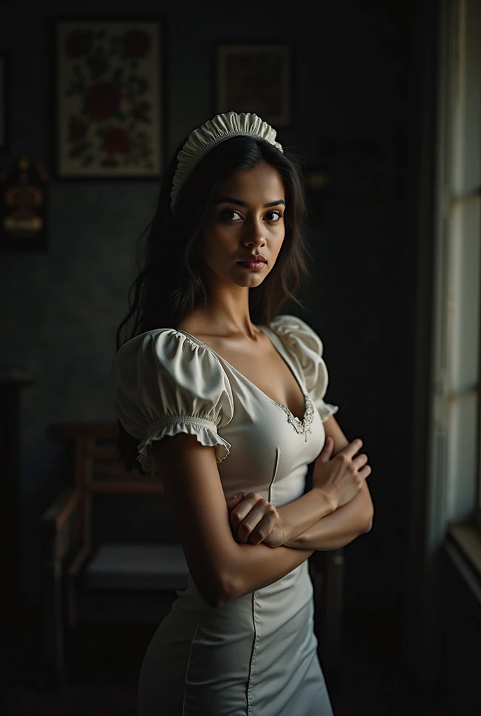 (In the Dark: 1.6), surreal female portrait by Malaika Arora and Karina kapoor, fantasy art, photorealism, dynamic lighting, artstation, poster, volumetric lighting, very detailed faces, 4k, Awarded,, 1girl, in the dark, deep shadow, low key, cowboy lens, (maid outfit: 1.4), long hair, white hair, bust, luxurious palace, Royal style, crown on head,