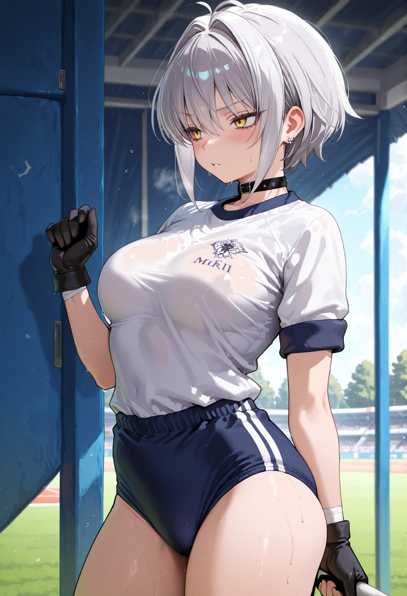 1girl,solo,Mori,gloves,yellow eyes,short hair,gray hair,medium breasts,(white gym shirt,short sleeves,sleeves rolled up,gym uniform,dark blue buruma),masterpiece,best quality,amazing quality,