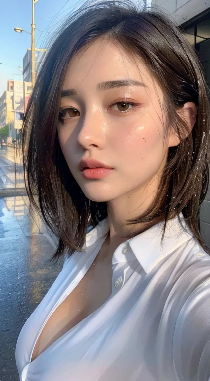 ((Best Quality, 8K, Masterpiece: 1.3)), Sharp: 1.2, Perfect Body Beauty: 1.4, Slim Abs: 1.2, ((Layered Hairstyle, Big Breasts: 1.2)), (Wet White Button Long Shirt: 1.1), (Rain, Street: 1.2), Wet: 1.5, Highly Detailed Face and Skin Texture, Detailed Eyes, Double Eyelids, Looking at the Camera