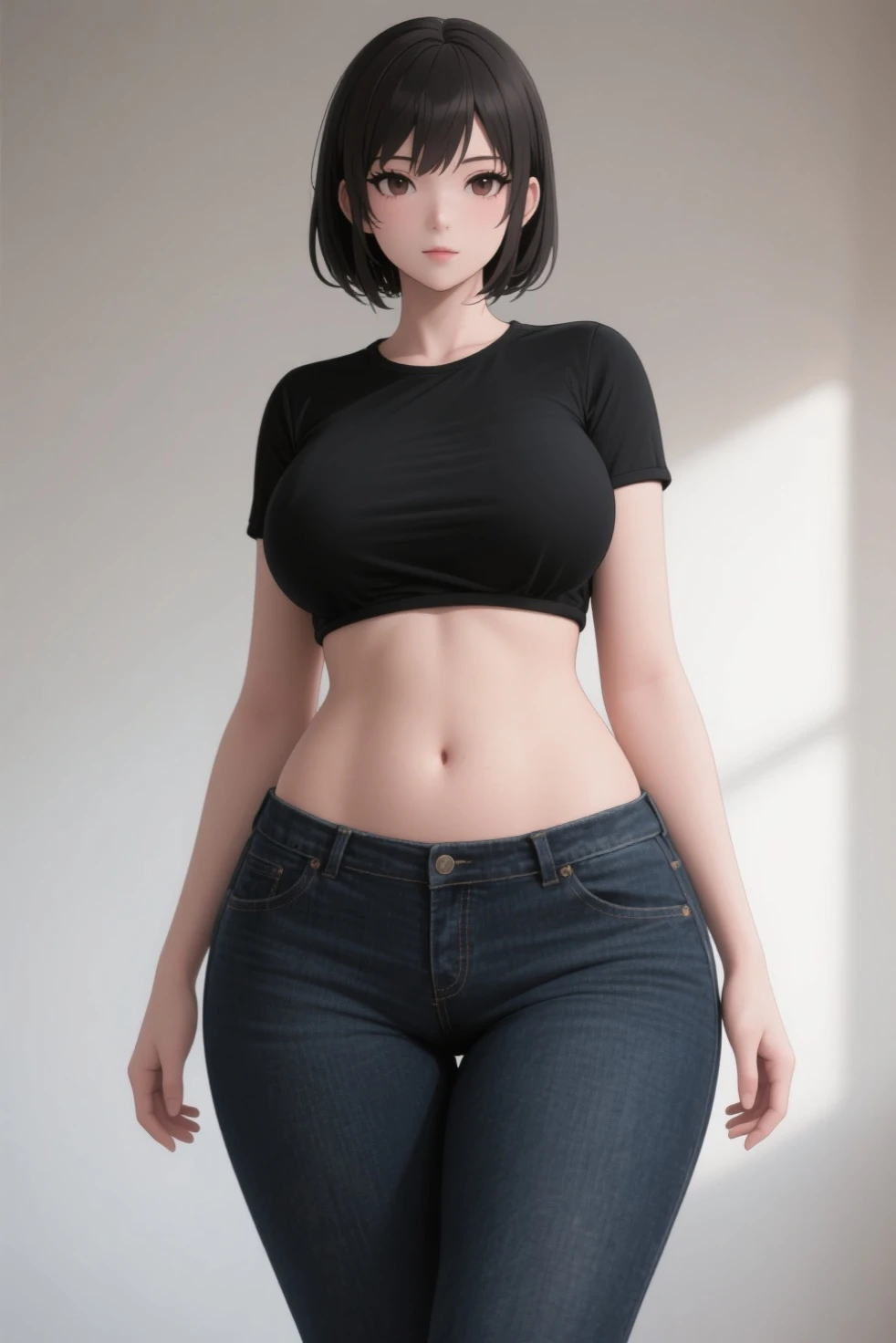 A 20 year old girl. Wearing bra and skin tight jeans, wearing lowest waist. Muscular girl