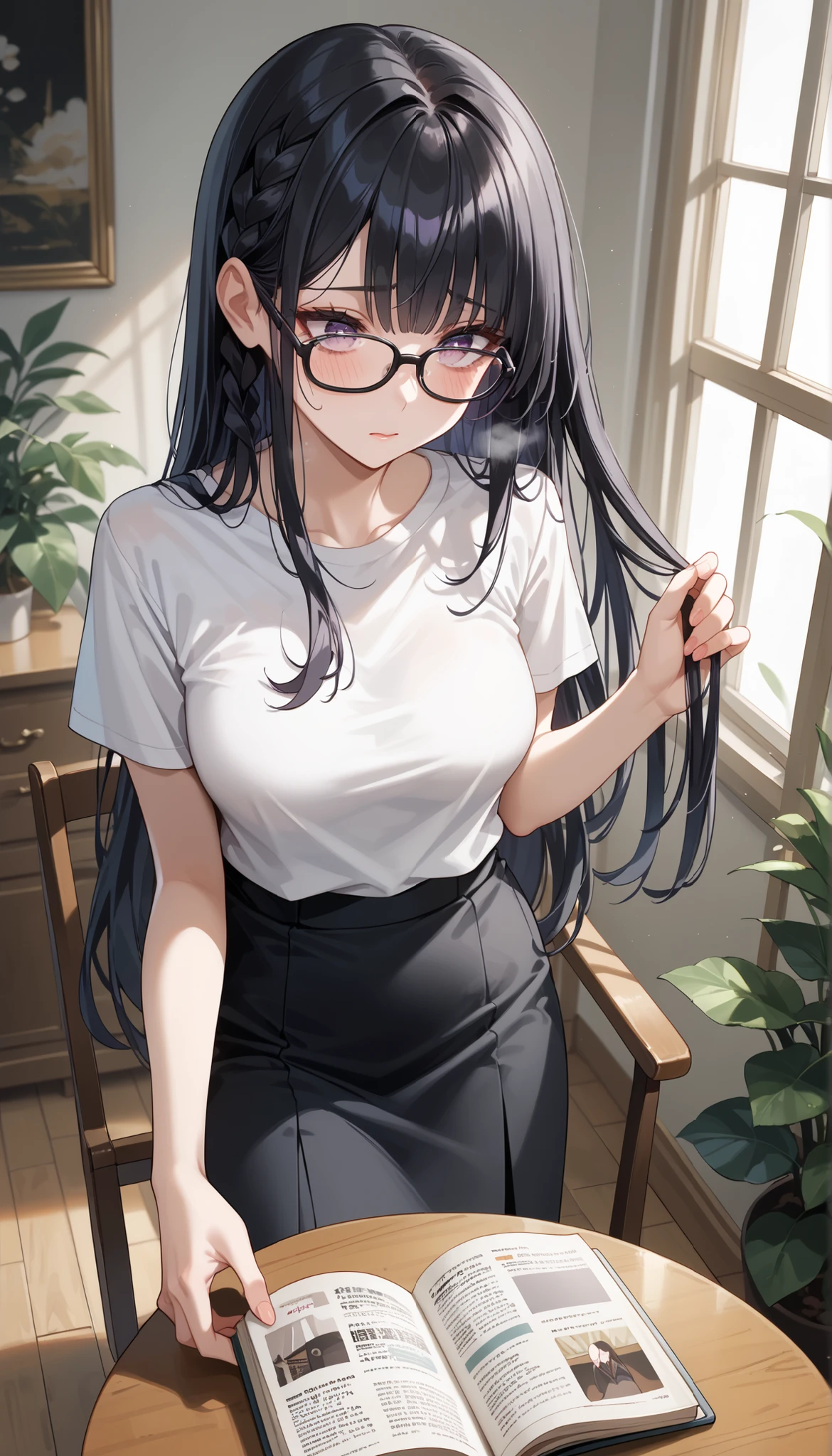 (masterpiece, best quality), 1girl, takayama sayoko, black hair, low twintails, brown eyes, glasses, pulling the shirt down, shirt, in room, blossom, close the underwear,