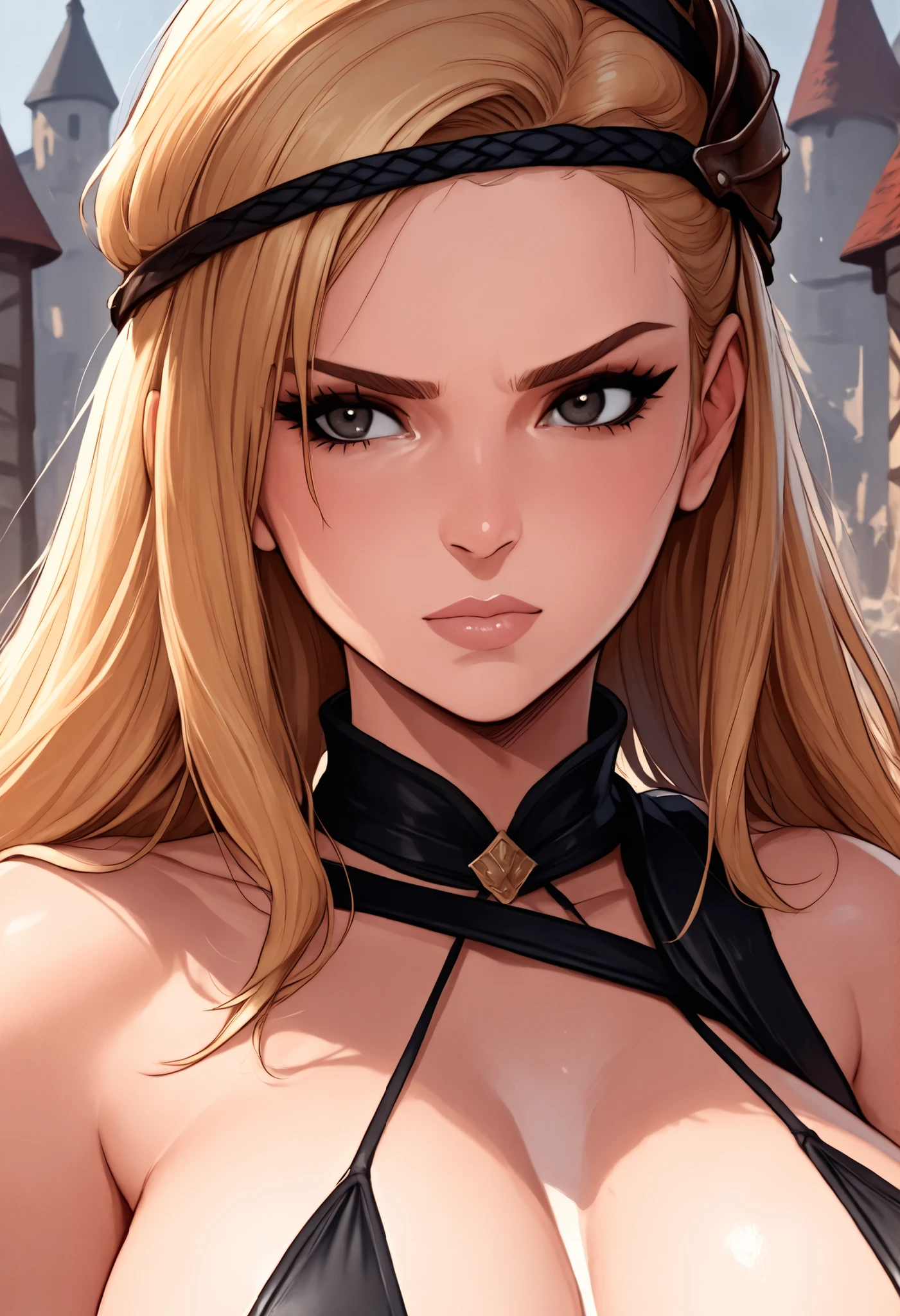 Medieval Fantasy,1 female Mercenary,portrait,Medieval,naked,super breasts,((black sling bikini))