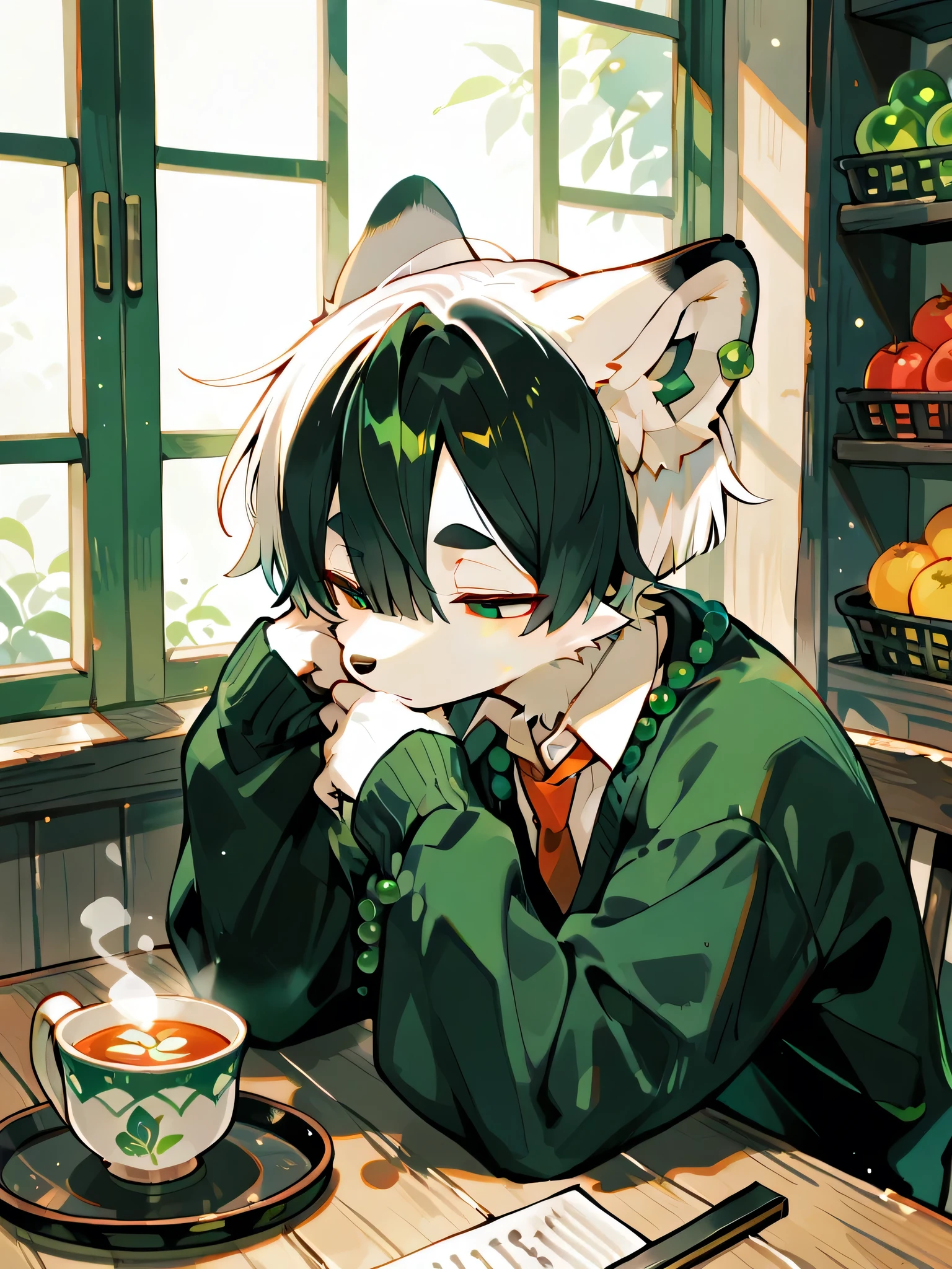 arctic fox,male,furry,white hair,short cropped hair,White hair showing the forehead on the right side,The right side is white,Black hair on the left,with emerald beads on the right ear with red tassels underneath,Squinting eyes(Close your eyes),wearing a dark green mid-flap cardigan,and the back is a Chinese shelf,Hold a folding fan on your chin,with his legs crossed,The sun shines on the left window,close-up,sitting on a wooden chair,has a tea table on the side,holding his head on the tea table,daytime,with the left side bangs slightly obscured,grocery store owner