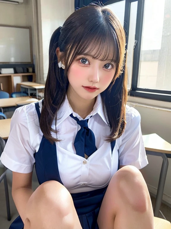 one person、one person、A 17-year-old high school girl taking a photo、victory、Twin tails、Tsundere、masterpiece、High-level image quality、Sharp focus)、White shirt、Red tie、Navy and red checked mini skirt、cute、Japanese women、17 years old、sexy、Laughter、(Perfect Anatomy、Delicate and beautiful hands and feet)、Yellow wall,Small breasts、Nogizaka Idol、Slender figure、sexy、Sitting in a chair、Thighs
