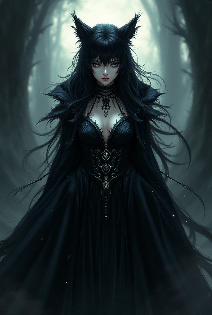 A captivating, enchantingly sinister witch with flowing black hair and piercing red eyes stands cloaked in a revolving black silk dress, conjuring something malevolent under the cover of darkness. This striking image could be a stunningly detailed painting, capturing the witch's intense gaze and flowing dress. Every intricate detail is flawlessly depicted, from the flickers of magic to the shadowy depths of her eyes. The overall effect is a mesmerizing blend of darkness and mystique, inviting viewers to ponder the witch's mysterious intentions.