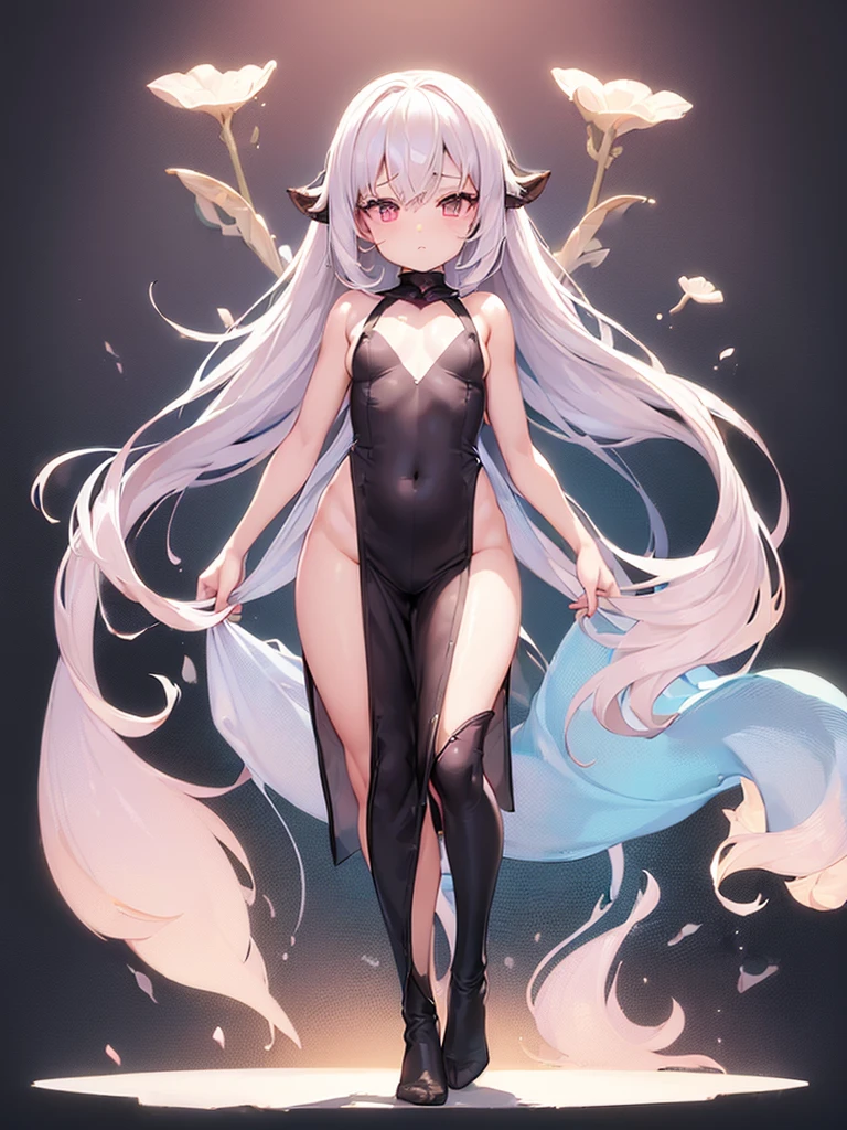 , White hair, tails, A nice figure with a slim waist, Solo,{{Best quality}}, {{Masterpiece}}, {{Ultra-detailed}}, {illustration}, {Detailed light}, Red eyes,Long hair,A revealing, thin dress blue color.