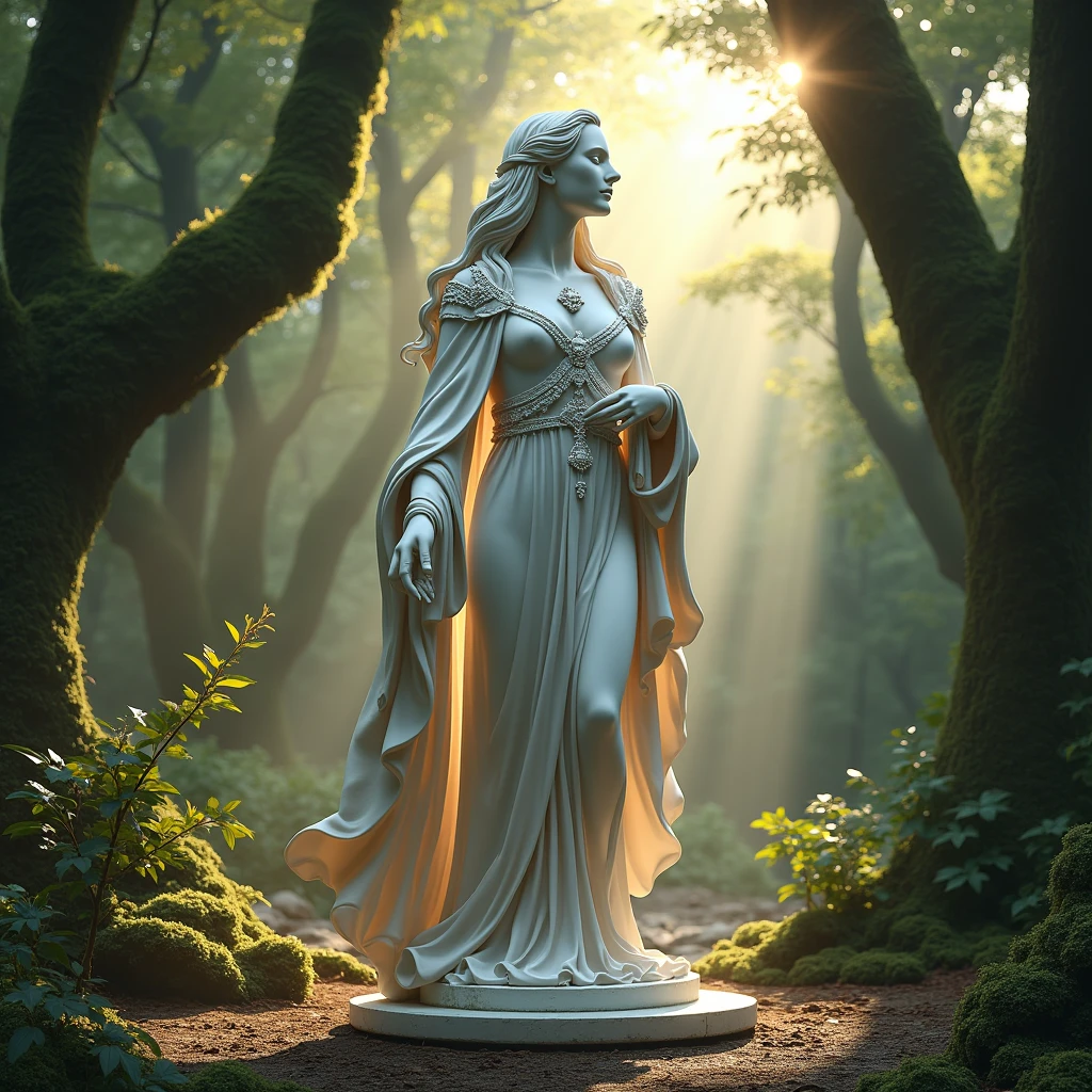 Draw a MARBLE STATUE PAINTED IN GOLD, BUT ALREADY peeling through time, REPRESENTING porn actress Ava Taylor ((without glasses)) like a goddess thief of adventures. In the background, a forest bathed in sunlight. 8k. realisitic