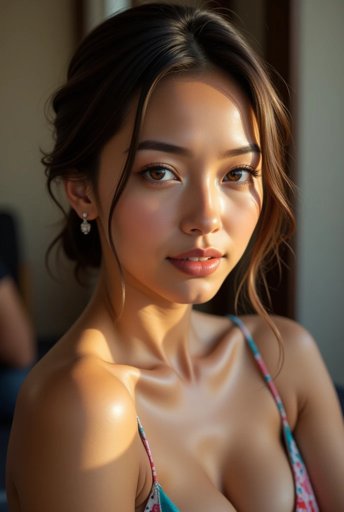 A beautiful pale-skinned Latina with freckles, full body, perfect body, two buns, straight bangs, (best quality,4k,8k,highres,masterpiece:1.2),ultra-detailed,(realistic,photorealistic,photo-realistic:1.37),HDR,UHD,studio lighting,ultra-fine painting,sharp focus,physically-based rendering,extreme detail description,professional,vivid colors,bokeh,portraiture,glamour,sensual,alluring