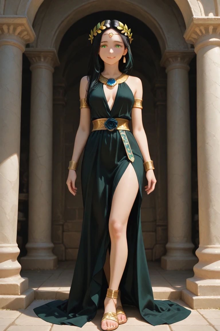  african big green eyes . eyelashes Egyptian face slender body long thin waist big breasts big buttocks long golden hair with golden crown full body light blue dress with blue tulle in a cascade dolphins behind her back 