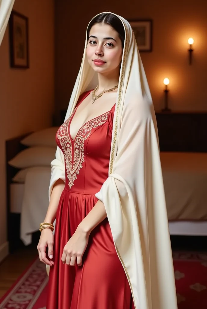 RAW, Best quality, high resolution, masterpiece: 1.3), beautiful swedish teen queen in hijab showing cleavage,Masterpiece, Soft smile, choker