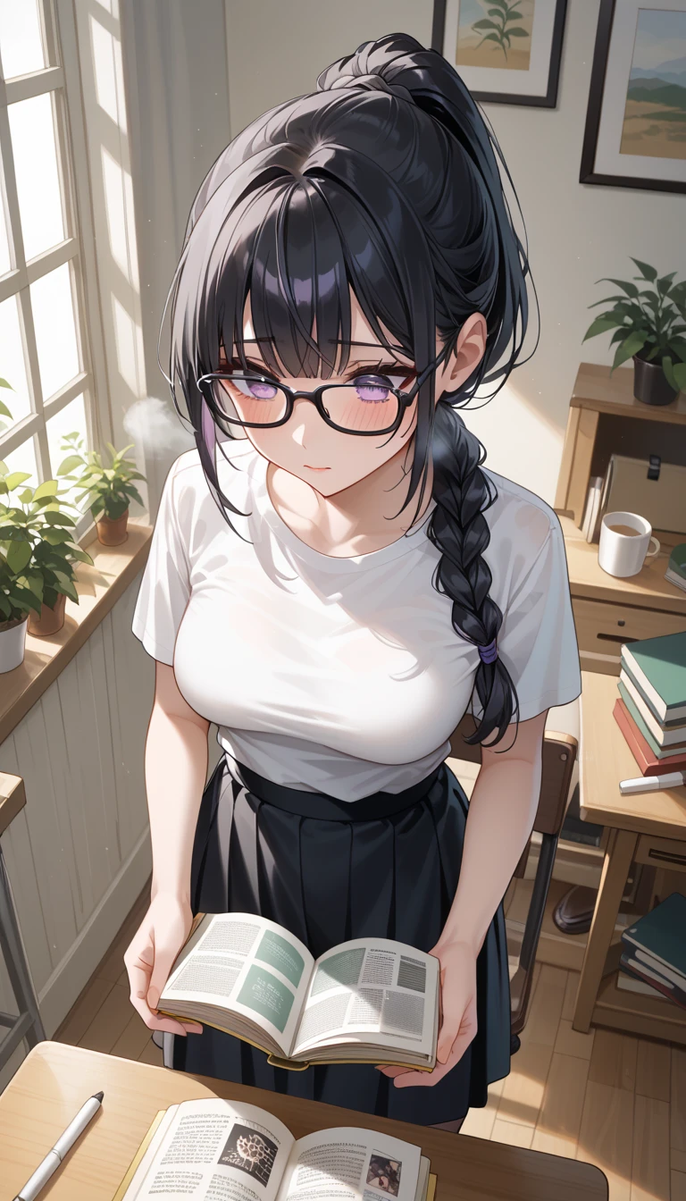 (masterpiece1.5),hyper quality, Hyper Detailed,Perfect drawing,NFSW,。.3D、16K illustrations、((clearface))、Hi-Res、adult lady,Cartoon image of race girl sexy art, ,Huge breasts,Solo,(((braid))), Long hair, half-opened mouth, ((Red Frame Glasses,Black hair, large eyes with double eyelids,Thick lip,lofty nose,(Pink blouse:1.4), Short sleeves, Small floral pattern,(white flared skirt:1.2),Waist apron and waist tie,Ribbon tie,Tea room,
Nice backgrounds for your subject、beatiful backgrounds、spot light、Vibrant colors、(((Detailed drawing)))、Perfect Beautiful Girl、(((Perfect Photo))),Black hair,Indoors, Long hair, Looking at Viewer, Bangs,