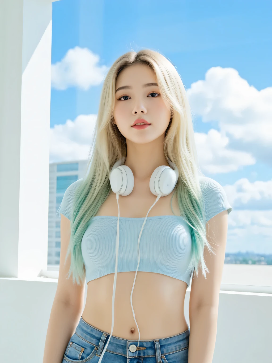 A young, attractive Asian woman is standing indoors in front of a large window with a clear view of a bright blue sky filled with fluffy white clouds. She has long, straight hair that fades from light blonde at the roots to soft teal green at the ends, styled naturally and parted slightly off-center. She is wearing a light blue crop top that fits snugly, paired with high-waisted blue jeans. A pair of white over-ear headphones hangs loosely around her neck, with the cable dangling down the front. Her expression is calm and slightly playful, with soft makeup that highlights her natural Asian features. The natural light coming through the window creates a bright and airy ambiance. The background is slightly blurred, focusing attention on the subject while maintaining a soft pastel tone overall. The image should convey a modern, casual, and youthful atmosphere with high-resolution detail and realistic lighting.