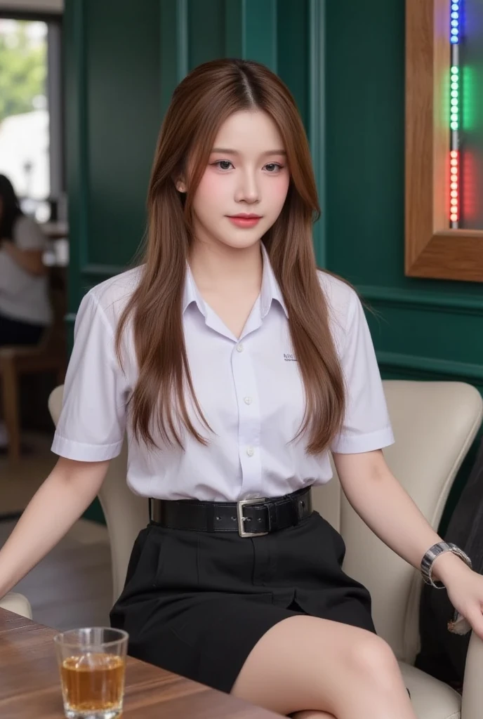 1womanl、(Super beautiful)、(beauitful face)、A detailed face、(Take a seat at McDonald's)、with spreading legs、(high-school uniform)、(Wearing makeup)、(Golden head hair)