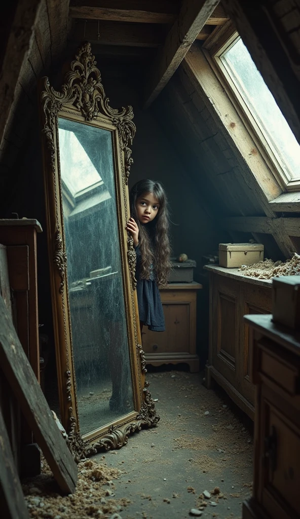 Photo d’une jolie fille très hautaine posant de profil à côté d’un grand miroir où se reflète son reflet de Wicked girl, son reflet dans le miroir, angle dynamique, fille hautaine, Wicked girl, deux visages 