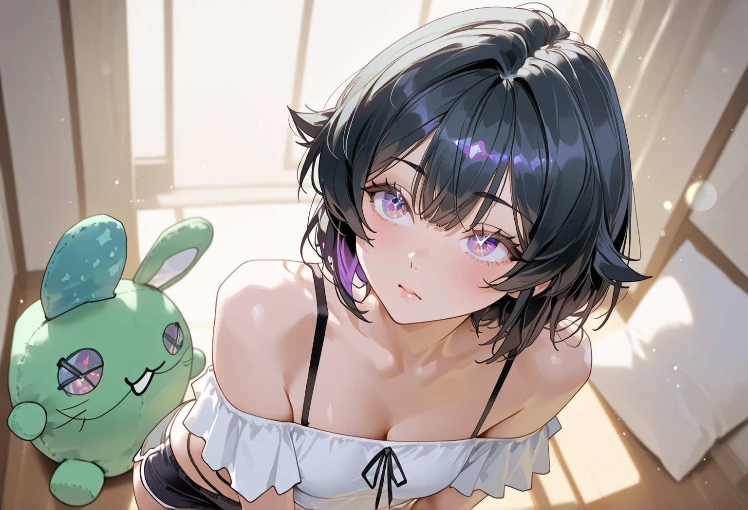Kanaotsuyuri, Kanao Tsuyuri, Black Hair, butterfly, butterfly hair ornament, (Purple eyes:1.1), side ponytail, ponytail,
Upper body naked, topless, Bare Chest,,
break looking at viewer,
break indoors, classroom,
break (masterpiece:1.2), Highest quality, High resolution, unity 8k wallpaper, (shape:0.8), (Beautiful attention to detail:1.6), Highly detailed face, Perfect lighting, Extremely detailed CG, (Perfect hands, Perfect Anatomy),
