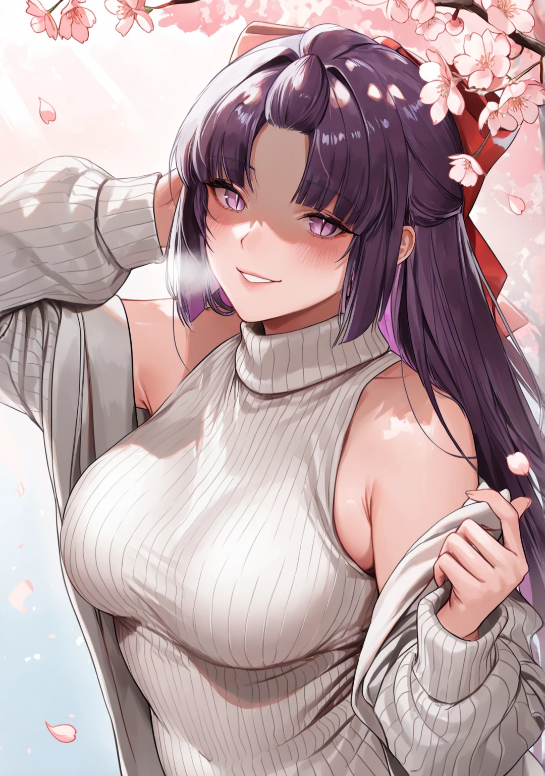 (muunai-style:1.2), (alecto_0-style:0.8), ((anatomical correct)), ((embers)), ((Cinematic, unreal engine, eye-catching, ambient occlusion, UHD, masterpiece)), ((perfect lighting, dappled sunlight)), perfect body, perfect eyes, perfect fingers, gasping, heavy breathing, gasping profusely, ((skindentation)), ((curvy)), SHIKOKU_(MATO_SEIHEI_NO_SLAVE), purple hair, purple eyes, slit pupils, long hair, hair bow, red bow, parted bangs, ribbon trim, half updo hair, bangs_pinned_back, straight hair, ((medium breasts)), plump, 1girl, breasts, solo, looking_at_viewer, turtleneck, sweater, sleeveless, smile, ribbed_sweater, bare_shoulders, cherry_blossoms, sleeveless_turtleneck, blush, turtleneck_sweater, upper_body, hair_intakes, closed_mouth, alternate_costume, white_sweater, flower, sleeveless_sweater, parted lips falling petals, shaded face