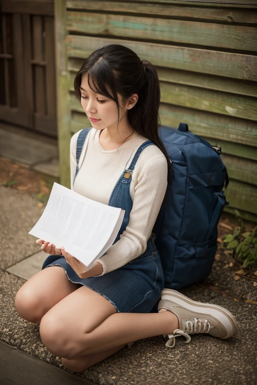 A with a newspaper in her left hand and coffee in her right sits on a stool in a Beijing hutong,At the same time, he wore a first-class sailor suit and carried a school bag on his back