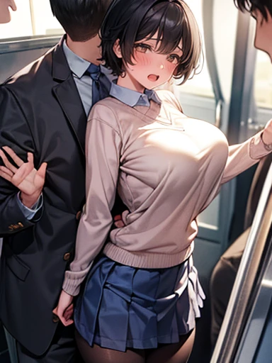 nsfw,hyperrealistic anime1woman,adult curvy female,at train,dark brown hair,earring,plain blouse,patterned skirt,upskirt,blushed,from behind and side,(man grabbing woman's buttocks from behind:1.1),naughty panties,molested,groped