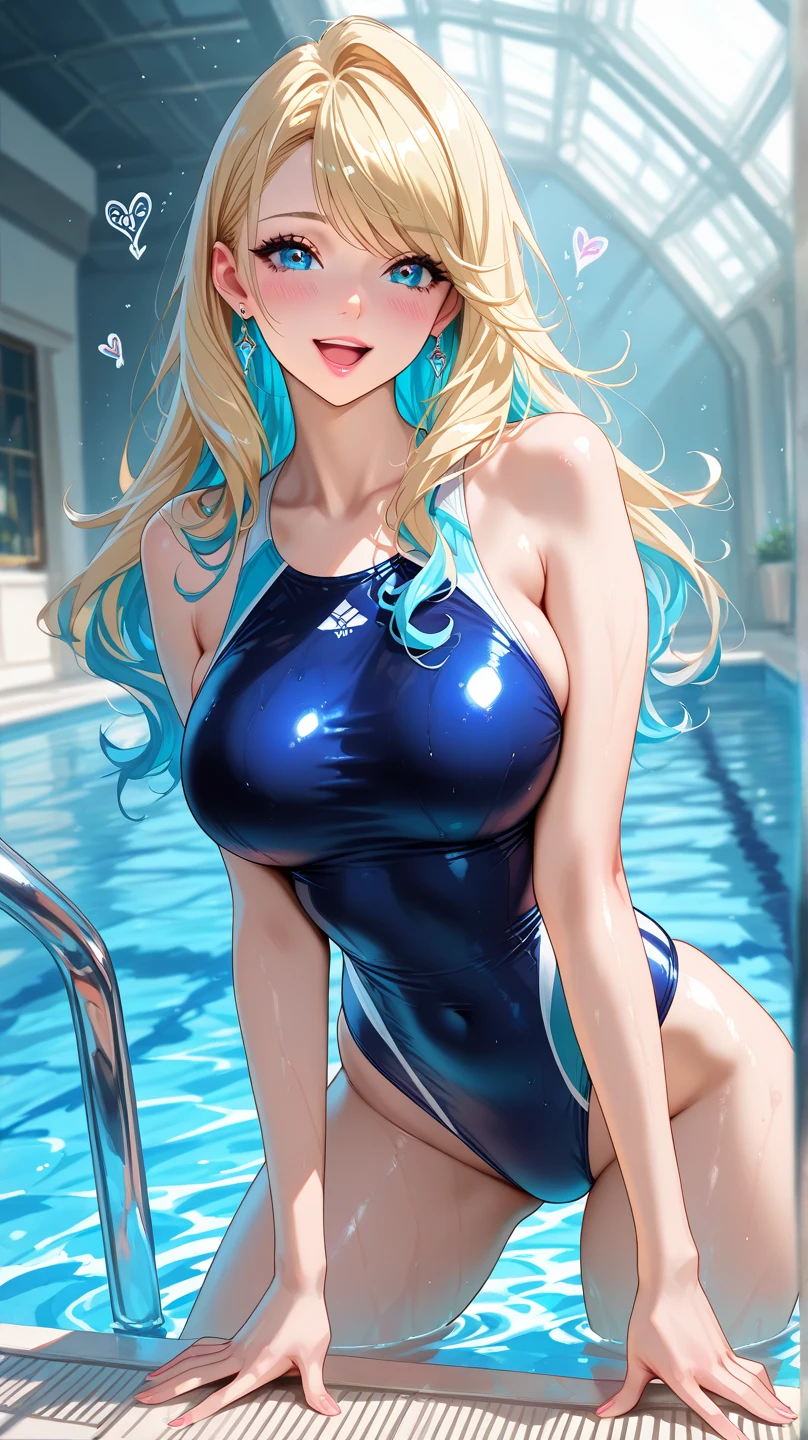 ((Best Quality)), (ultra-detailliert), ((Extremely detailed)), (Beautiful), ((Kawaii Girl)), ((UHD)), (masterpiece), (high quality), (best quality), (4K), (high quality), 1, solo woman, 1woman, ((platinum blond hair)), parted bangs, ((hair intakes)), long hair, (hair two side up long), ((jade colored eyes)), slanted eyes, large breasts, slender body, competition swimsuit, Pool Background, (blue sky:1.3), solar, sunlight, anime style,