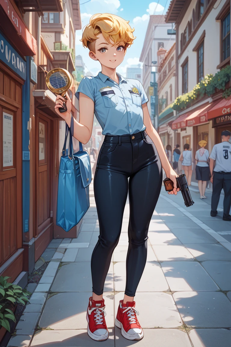 uploaded on e621, nsfw, raw photo, anthro, detailed face, detailed fur, snout, judy hopps, wearing police uniform, wearing police pants, holster, belt, tatical gear, black sunglasses, (((tight shirt))), hot day, outside, in city, erect nipple, nipple outline