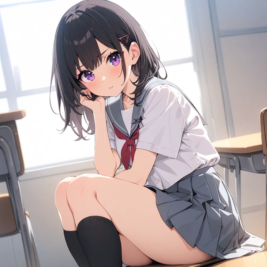 masterpiece, best quality, highres, ultra detailed, 8k wallpaper, (extremely detailed CG:1.2), best quality, super fine illustration, highly detailed, beautiful detailed eyes, 
takarada rikka, rikka1, 1girl, (cute face:1.2), 15yo, black hair, solo, blue eyes, wrist scrunchie, long hair, red socks, school uniform, black skirt, bangs, pleated skirt, orange scrunchie, red bow, white cardigan, long sleeves, bowtie, loafers, white shirt, white sweater, small breasts, small hip, 
dynamic angle, (white panties shot:1.2), inside the school, class room, front view, Panties are visible from the front, 
face away, looking away,( sitting on school chair:1.2),