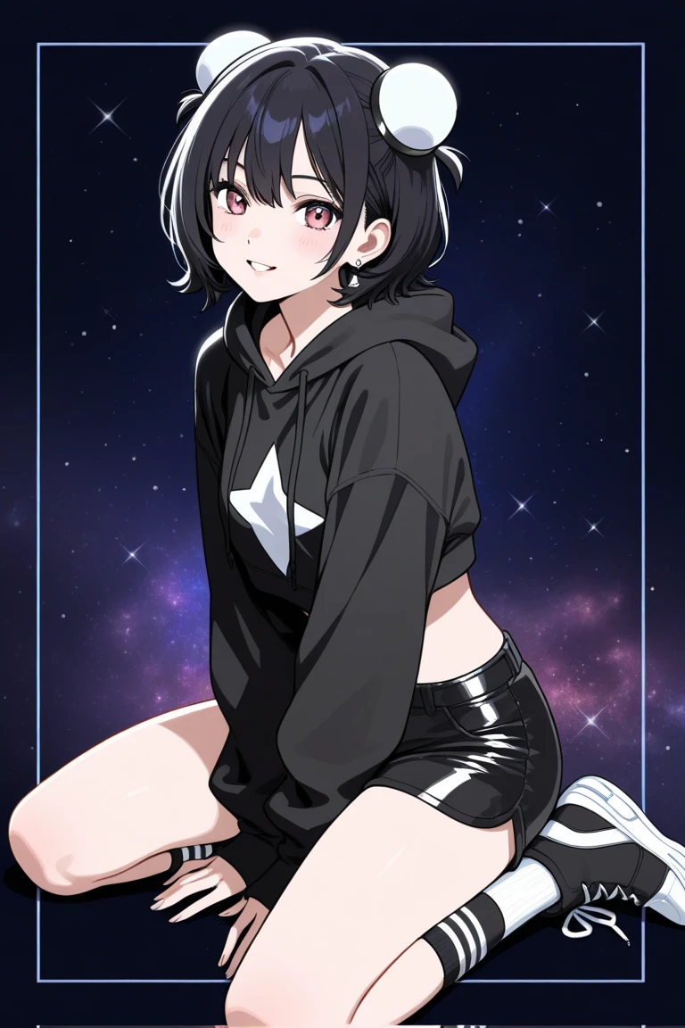 1 girl, short purple hair, blunt bangs hair, purple/black eyes, wearing black shirt with small purple dots, huge breasts, skinny shiny leather pants, wearing white sneakers, absurdres, ultrashark, 8k, masterpiece, looking at viewer, short nails, does peace sign