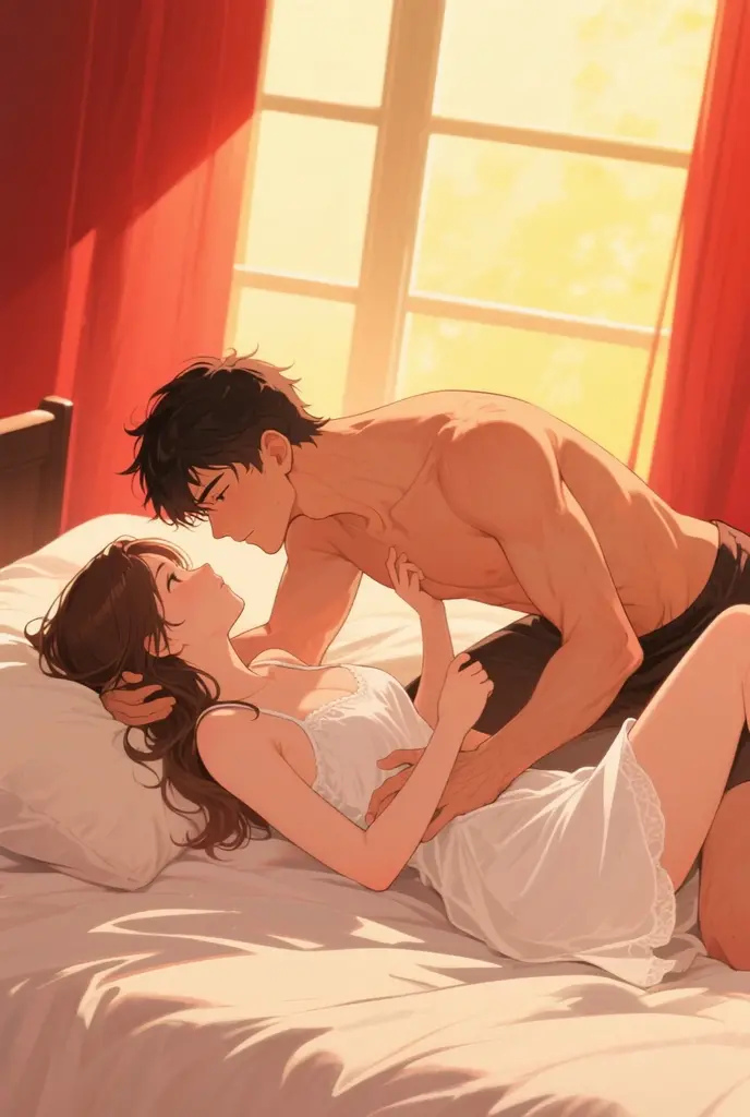 Boy and girl aggressively making out, on bed, night time, curious, nervous, blushing, sweating, first time