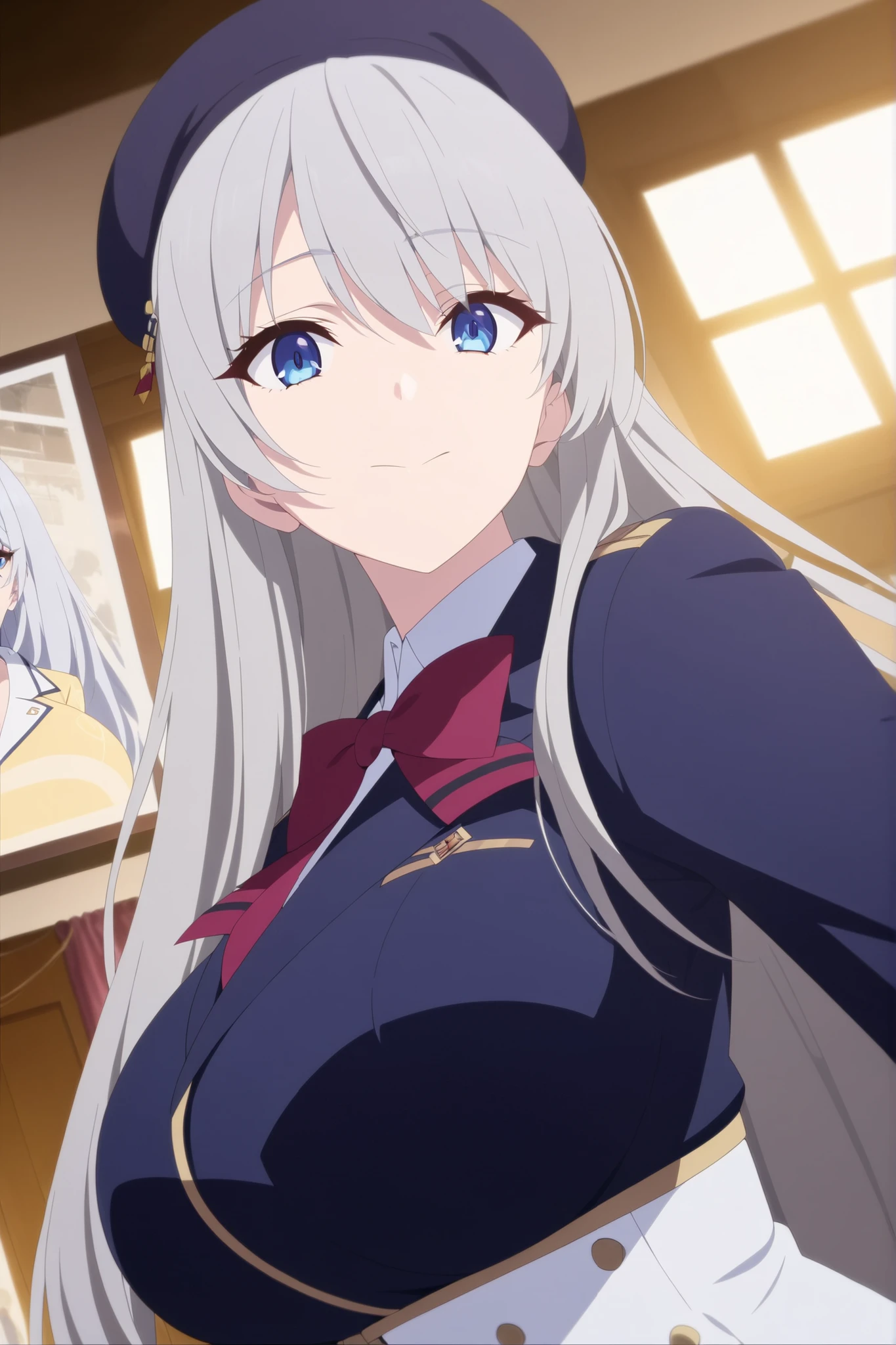  Silver Hair、long hair、huge breasts、blue eyes、最High Quality、anime style、anime painting、anime screenshot、Japanese Anime、 perfect quality、High Quality、masterpiece、1人の美girl、huge breasts、すごくhuge breasts、 popup、Big Breasts、Saggy Breasts、ストレートlong hair、Biggest breasts、Single、tall, beautiful detailed face, beautiful detailed, cold face, beautiful eyes, Smooth skin, ultra detailed, extremely detailed masterpiece, best masterpiece,Young lady、perfect eye side by side、high school girl、noble、girl、cute、cool face、uniform、 plump 、hanging eye