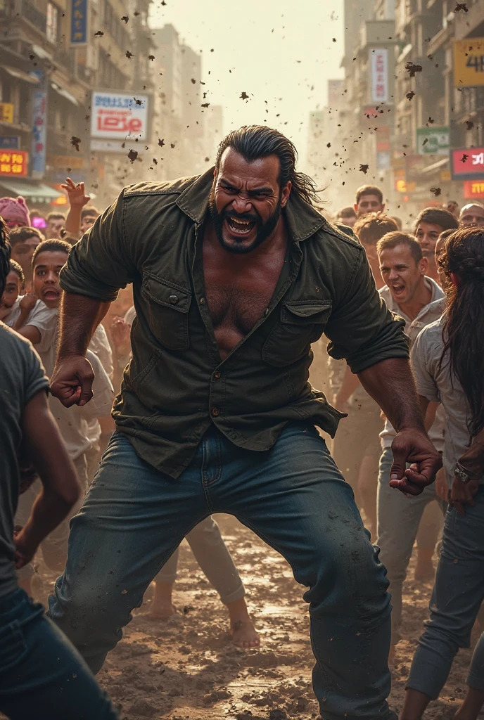 Scene of a man with a large, sturdy body, oval face. all the muscles on his body were bulging, showing that he was a strong man. black hair combed to the side neatly, his face looked angry. lifting the car with both hands in the middle of the city. the atmosphere seemed chaotic. Wall chips and dust are clearly visible. the car looks messy. 4D realistic images.