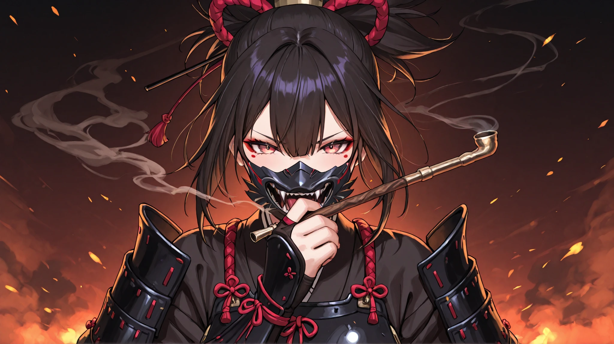 A Japanese woman holding a smoke pipe、Armor、traditional Japanese armor face mask covering the mouth and cheeks with a devil's mouth design、decadent atmosphere、 dark、Vivid Colors、masterpiece、Highest Quality、8k