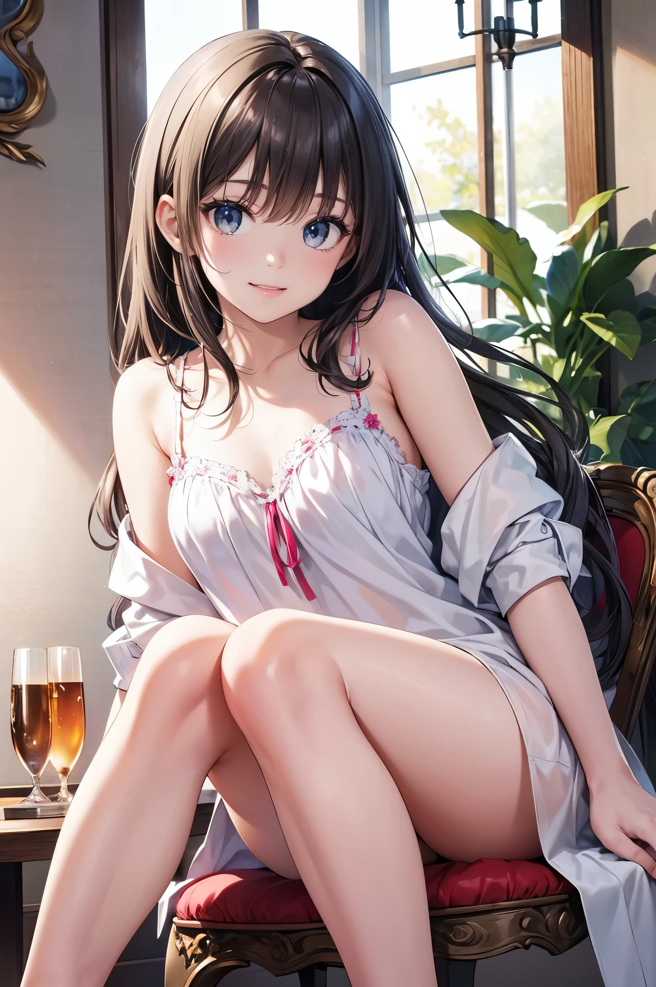 (hyperrealistic), (illustration), (high resolution), (8K), (extremely detailed), (best illustration), (beautiful detailed eyes), (best quality), (super detailed), (masterpiece), (wallpaper), (detailed face), solo, (dynamic pose), 1 girl, white wavy hair on the chair, small moles under the eyes, ((short apron)), medium breasts, long legs, tightens abs, (camel toes), (no panties), (no bra) , seduce, smile, pregnat