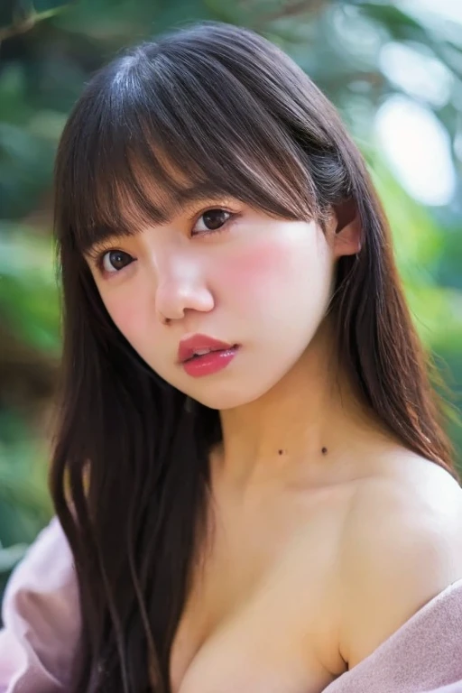 (RAW Photos, highest quality), (Realistic, Photorealistic:1.3), Tabletop, Very delicate and beautiful, Soft Light, (Brown Hair, Long wavy hair swaying in the wind, Asymmetrical bangs), Beautiful detailed girl, (Detailed fingers), Highly detailed eyes and face, Beautifully detailed nose, Beautiful fine details, 1 girl, Japanese, Pure beauty, cute, young, smile, Naked beautiful girl、Small breasts、Flat Chest、Small nipples、Beautiful nipples、Small areola、Heterochromia iridis、Realistic face, Realistic body, Outdoor