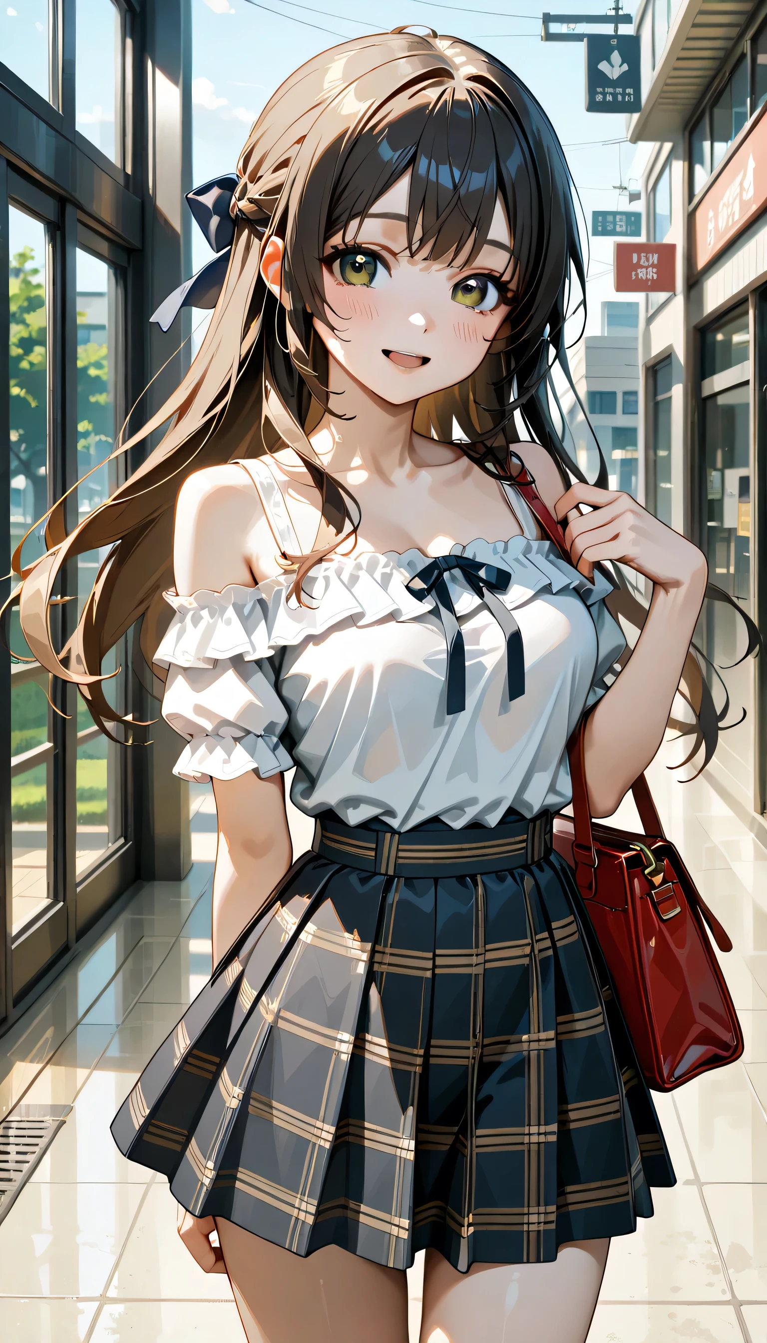 (score_9, score_8_up, score_7_up), source_Anime, absurd_res, white, purple, black, 1girl, solo, upper body, super fine illustration, an extremely delicate and beautiful, best quality, masterpiece, 8K, spring setting, shoppingmall, gentle breeze, sunlight, thick eyebrows, half updo, Sagging eyes, long hair, black hair:1.3, brown eyes:1.3, (wearing glasses:1.3), (round eyewear:1.3), hair ribbon with red, ample breasts, red beret, white Off-shoulder with decoration ribbon:1.3, purple checkered wrap skirt, red shoulder bag, youth fashion, casual fashion, ultra-beautiful girl, fluttering hair, blushing faces, smile:1.2, embarrassed reaction, looking viewers, dynamic pose, contrapposto pose, soft fabric movement, fluttering petals, warm and bright atmosphere, soft lighting, delicate color palette, detailed clothing folds, flowing hair, lively spring vibe, highly detailed rendering, breathtaking composition,