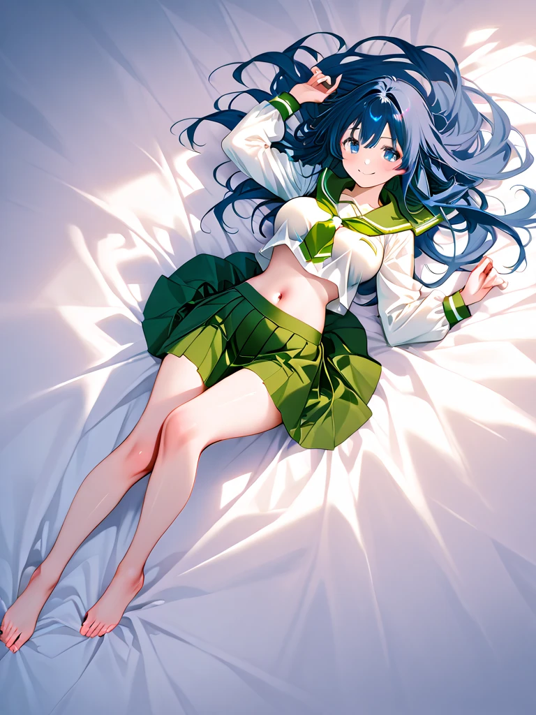 Cabello largo plateado, ojos verdes, headband, teacher clothes, small breast, sonrisa, happy, muslos hermosos, bedroom