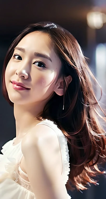 Highest quality, figure, Super detailed, In detail, High resolution, 32k wallpapers, Perfect dynamic composition, Beautiful attention to detail, Random top model dresses,Long Curly Hair, Center of chest,Big beautiful cat-like eyes, Cute Button Nose, Small and fairly full lips, Thick eyebrows and long, beautiful eyelashes. Transparent throughout makeup, Paint your cheeks pink,Dark eyeliner,Lip gloss makes it sparkle. Random sexy poses,smile,white and clean teeth,(full body shot),Influencer,Randomly placed spots(on stage)