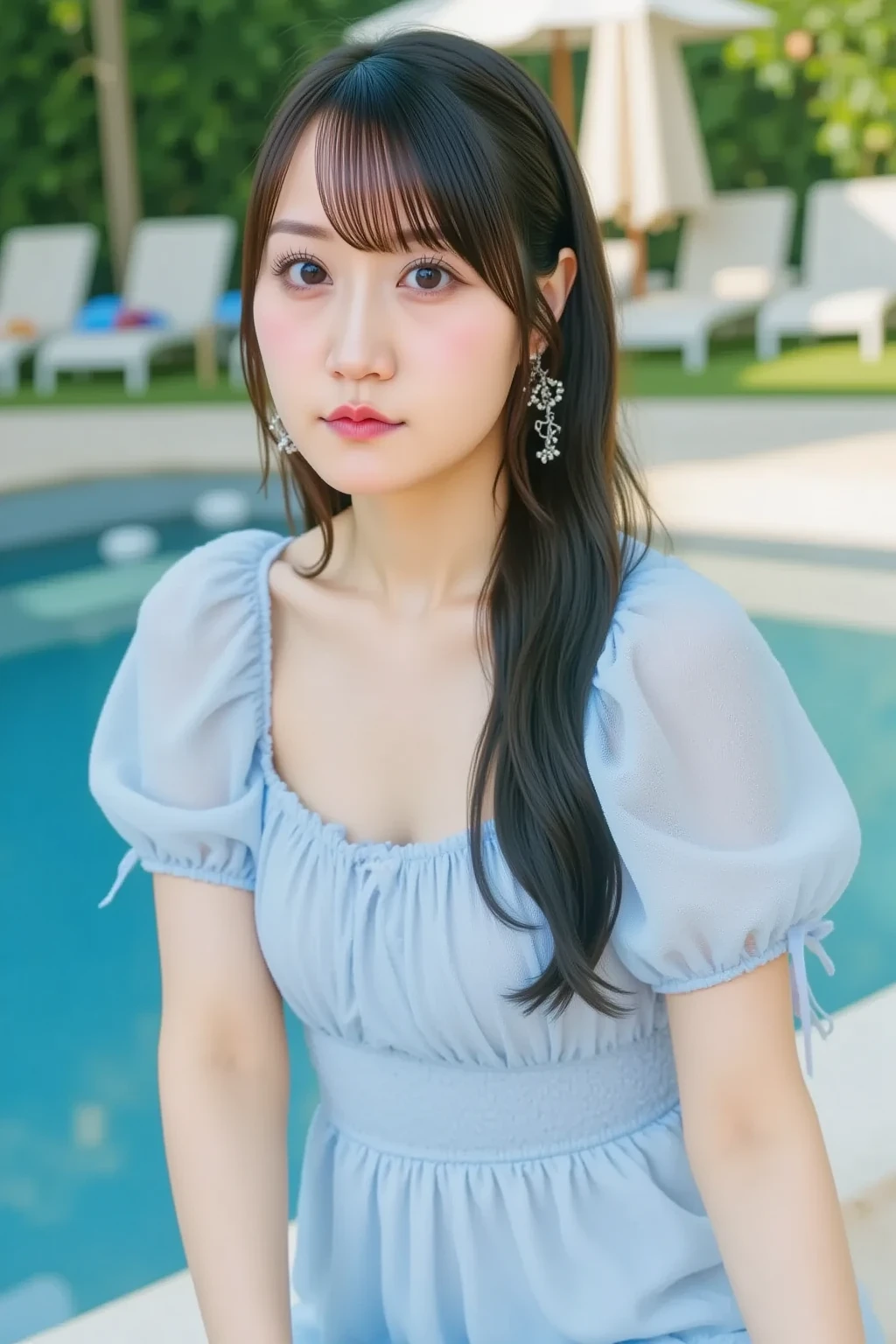 She's wearing a refreshing sky blue floral summer dress, Ultra-high resolution, Perfect description, A summer dress with bare shoulders that shows off her beautiful white skin, Realistic, 8K Photorealistic:1.5, Soft lighting, detailed, Real Full HD, 16k raw photos:1.5,