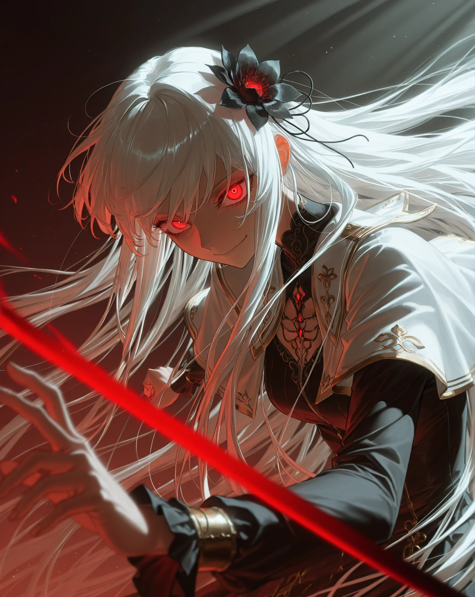 dynamic pose, action shot, masterpiece, dramatic lighting, deep lighting, god rays, best quality, amazing quality, very aesthetic, high resolution, ultra-detailed, absurdres, (hands:-0.33),
1girl, solo, (quarter shot, close up shot:1.19), upper body shot, Red eyes, glowing eyes, white hair, moonlit hair, very long hair, white capelet, french dress, musketeer, smirk, yandere smile, flower in her hair, black flowers, nightmare, delicate beauty, BREAK, depth of field, volumetric lighting 
 