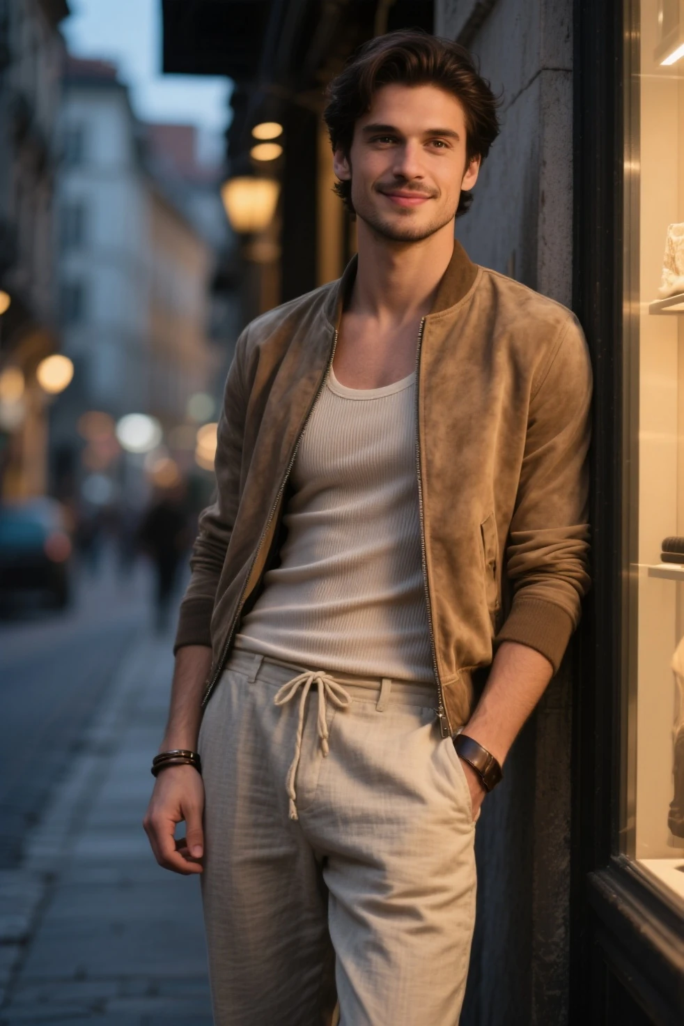 thin white man, latino, brazileiro, thirty years old, with brown hair above and below the ears, with a goatee, eyes browns, with sunglasses, Grinning, similar to the actor johnny deep, dress with suit.