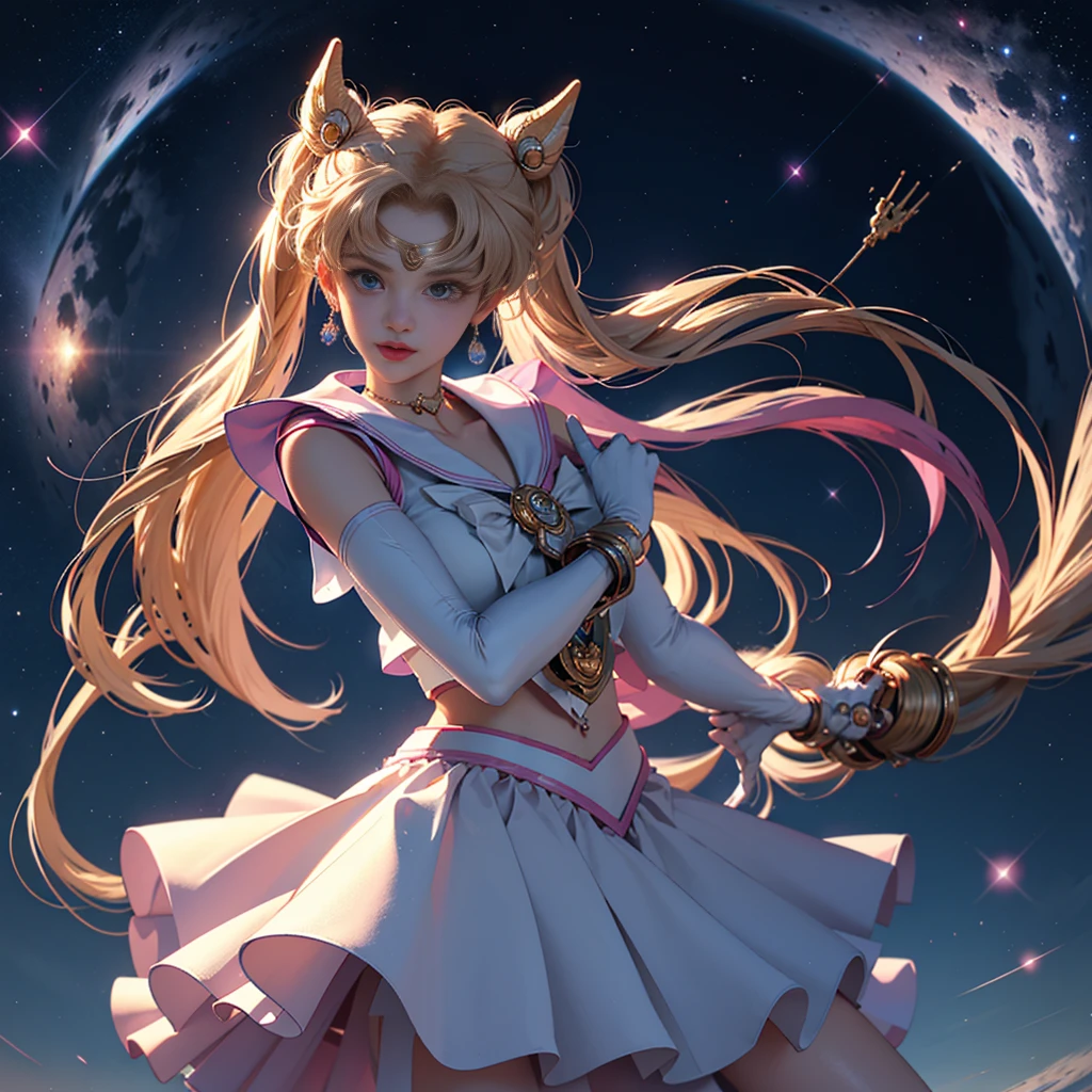 Masterpiece, best quality, (1 girl), super sailor moon, cowboy lens, night sky, moonlight, evening, white gloves, blue eyes, galaxy background, multicolored clothes, sailor senishi uniform, multicolored skirt, hair ornament, red bow, brooch, heart brooch, earrings, crescent, heart necklace, heart, very long hair, crescent moon earrings, tiara, yellow necklace, boots, knee boots, red shoes, long legs